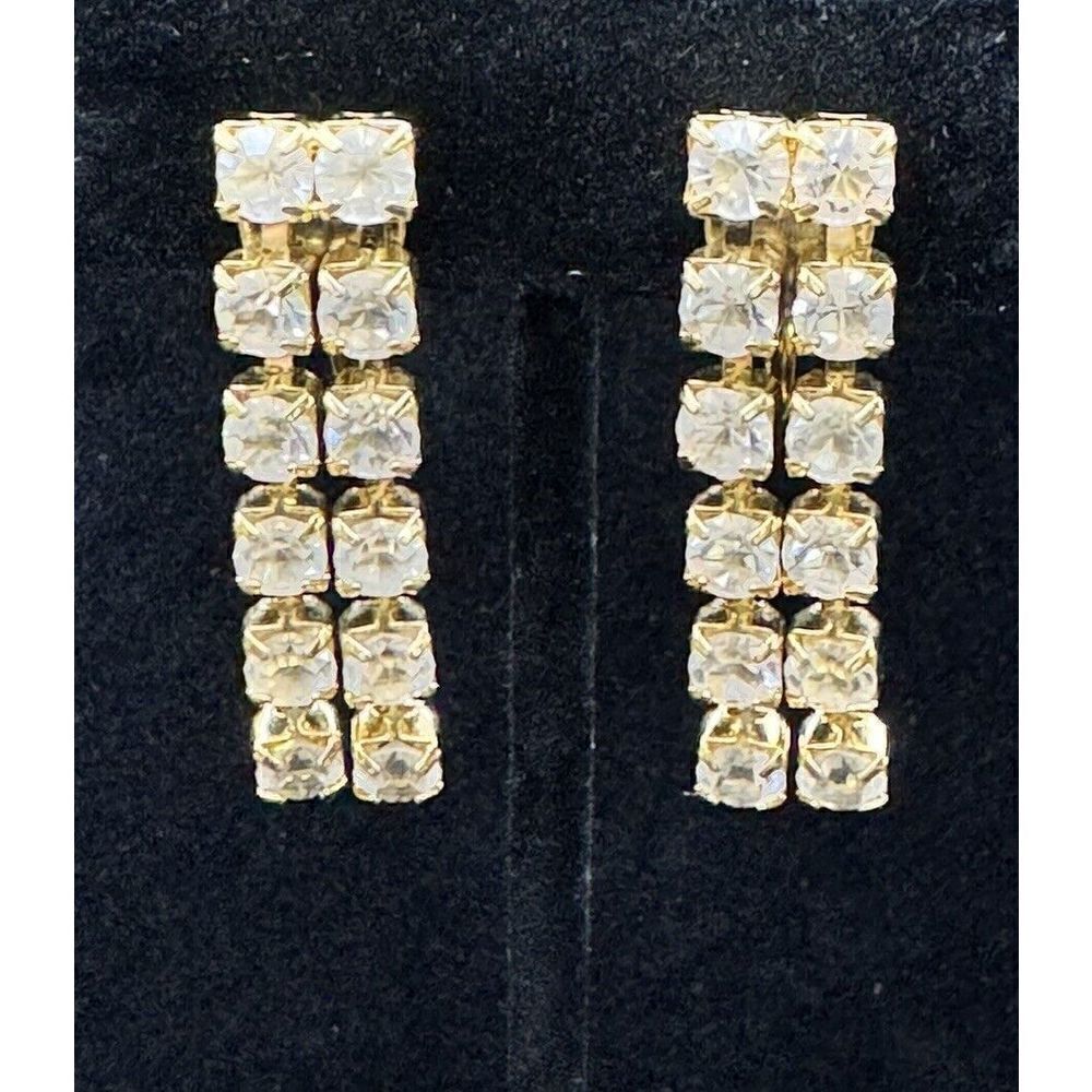 Vintage Signed Trifari TM Clear Rhinestone Drop Dangle Gold Tone Clip Earrings